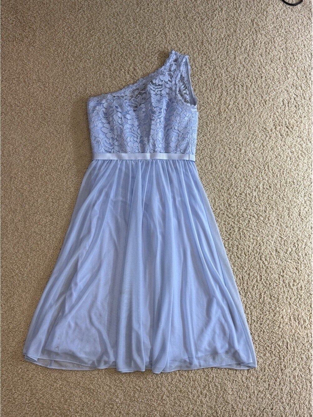 David's Bridal Size 0 Light Blue Lace One Shoulder Bridesmaid Formal Dress